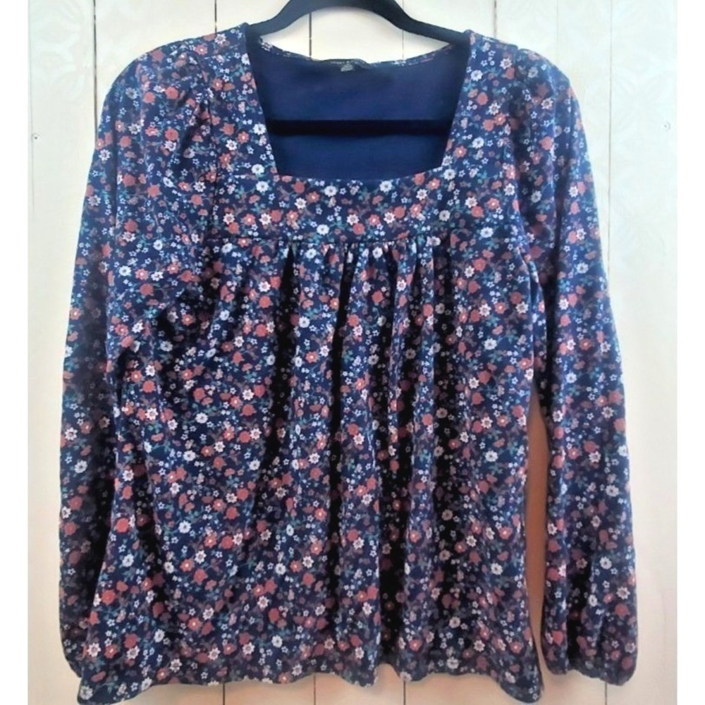 Lucky‎ Brand Navy Blue Ditsy Floral Square Neck Long Sleeve Blouse Small